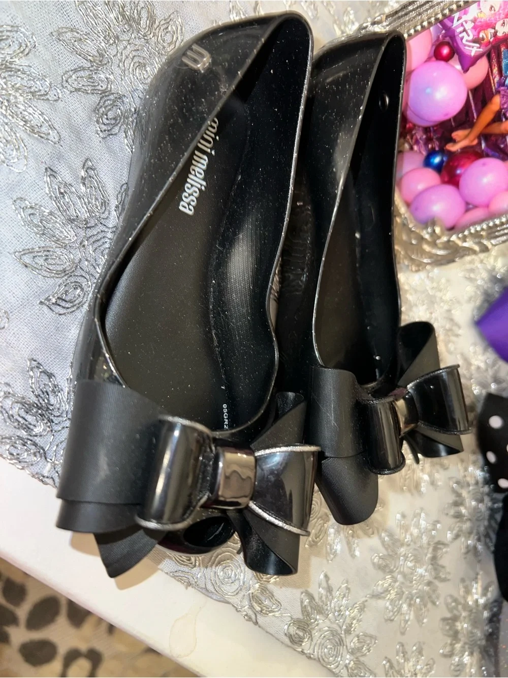 Mini Melissa Black Bow Jelly Flats with Gloss sparkle Accents